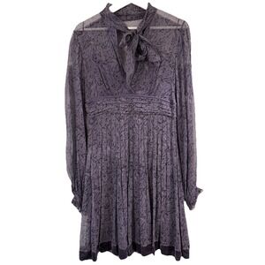 Elie Tahari The Sophia 100% Silk Chiffon Paisley Bow‎ Pleat Dress Purple Sz Sm 4